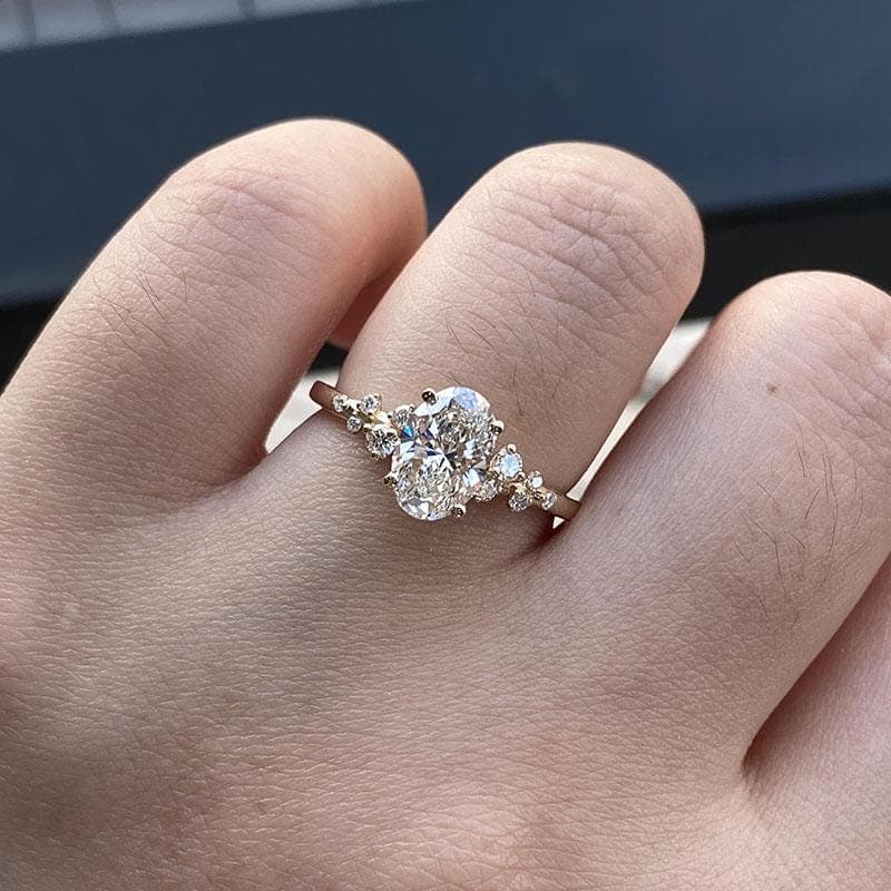 Oval Lab Grown Diamond Cluster Engagement Ring, 14K Solid Gold Oval Cut Ring, Asymmetrical Cluster Solitaire Ring, Bridal Jewelry Gift 2