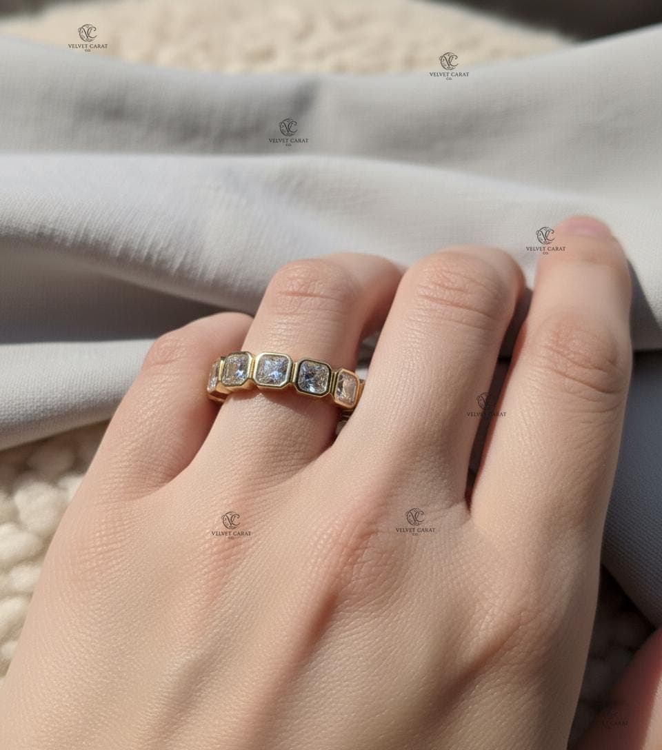 Asscher Moissanite Bezel Engagement Ring in 14K Solid Gold 10