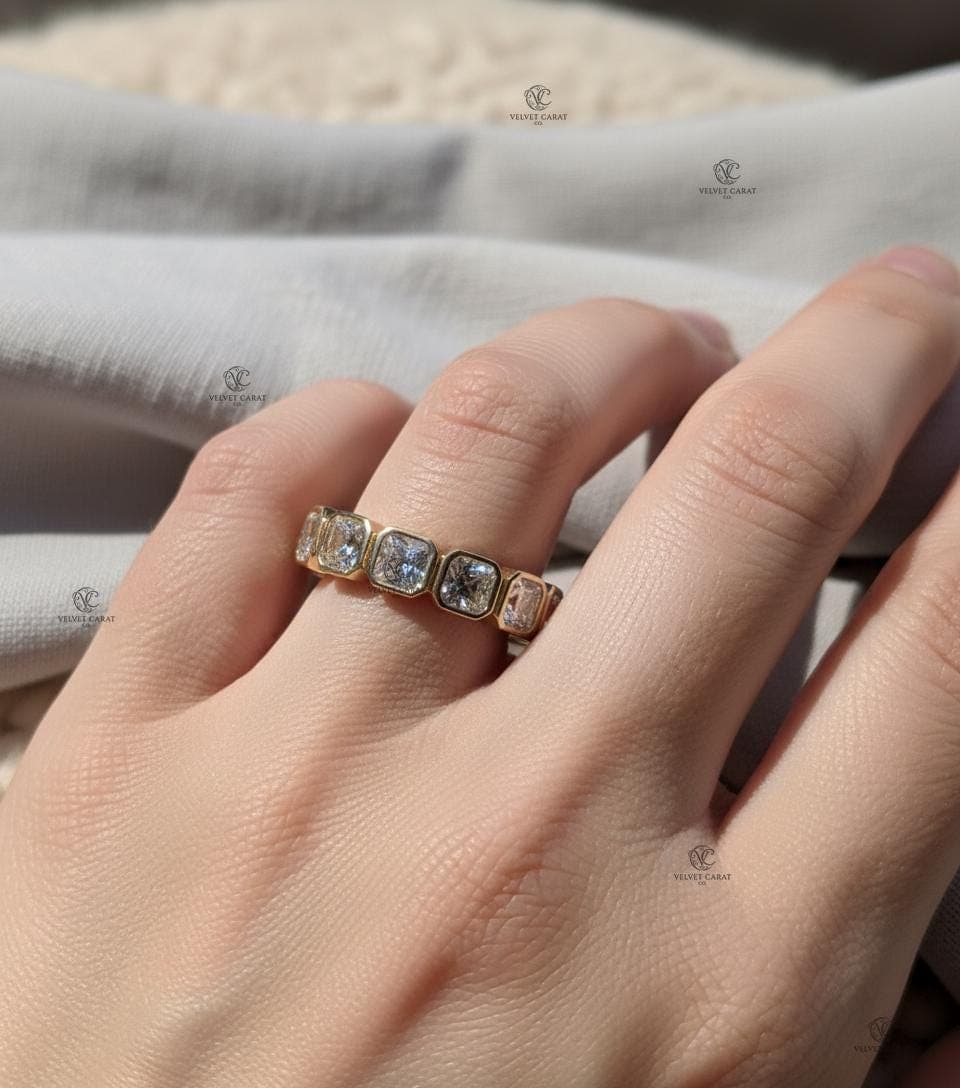 Asscher Moissanite Bezel Engagement Ring in 14K Solid Gold 7