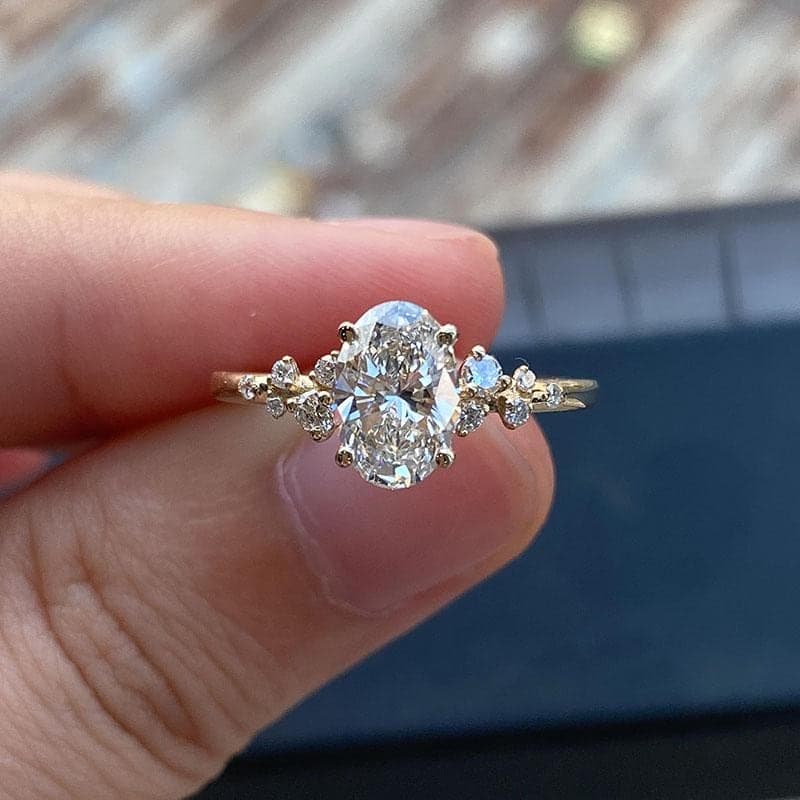 Oval Lab Grown Diamond Cluster Engagement Ring, 14K Solid Gold Oval Cut Ring, Asymmetrical Cluster Solitaire Ring, Bridal Jewelry Gift 8