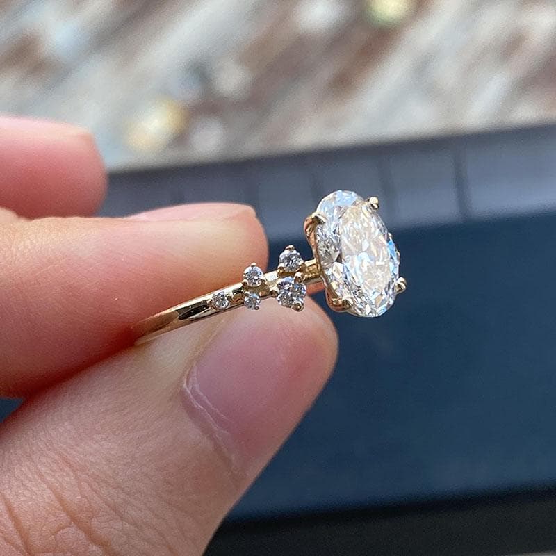 Oval Lab Grown Diamond Cluster Engagement Ring, 14K Solid Gold Oval Cut Ring, Asymmetrical Cluster Solitaire Ring, Bridal Jewelry Gift 5