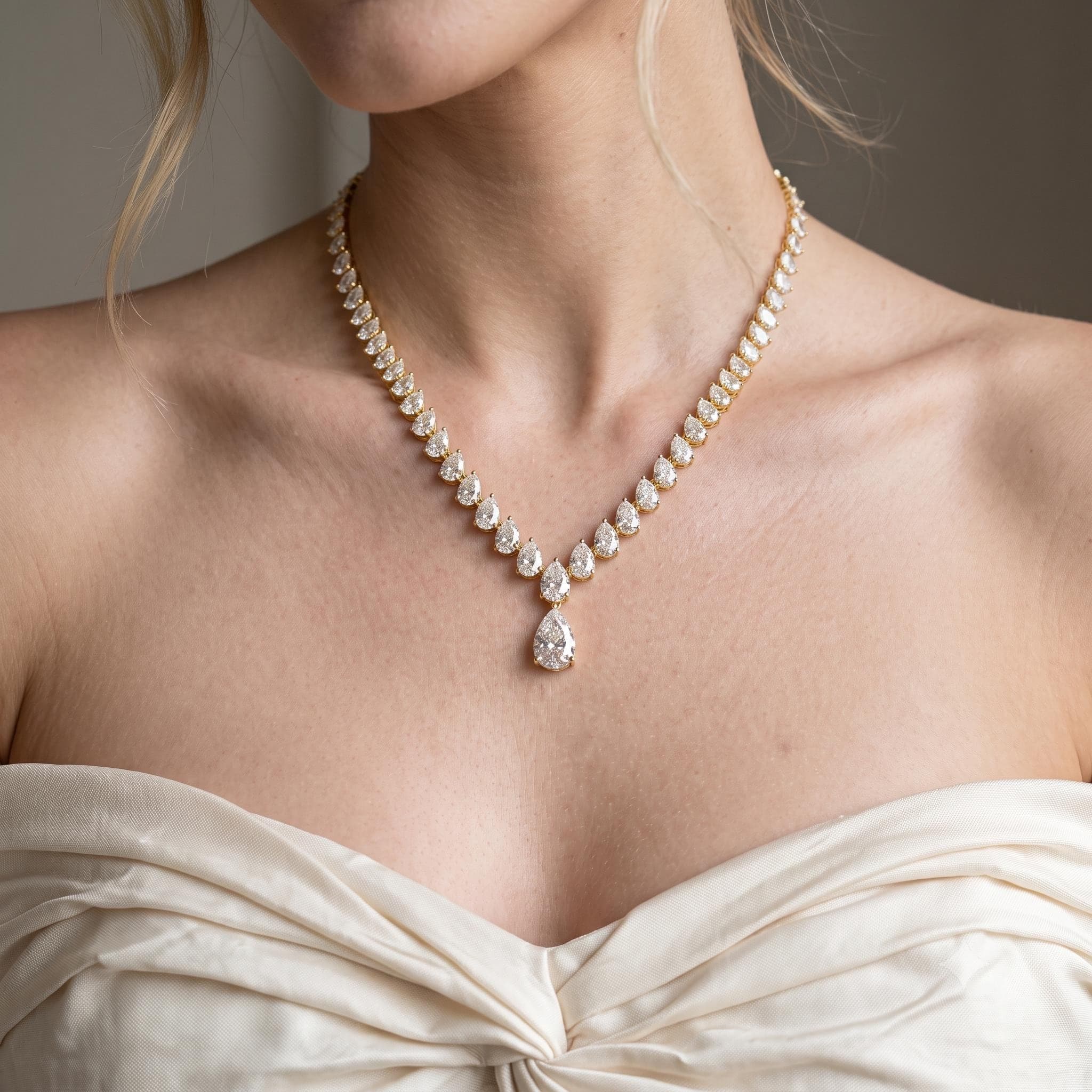 Luxury Waterdrop Pear Cut Moissanite Tennis Necklace, 14K Solid Gold Drop Pendant Tennis Chain, Teardrop Bridal Statement Necklace 1