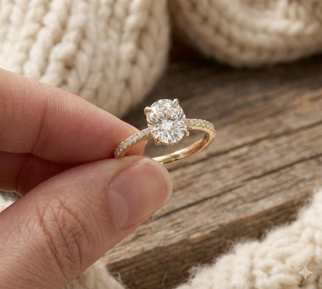 Round Cut Moissanite Engagement Ring, 14K Solid Yellow Gold Pavé Band, Dainty 4 Prong Solitaire Ring, Charming Bridal Wedding Jewelry Gift 2