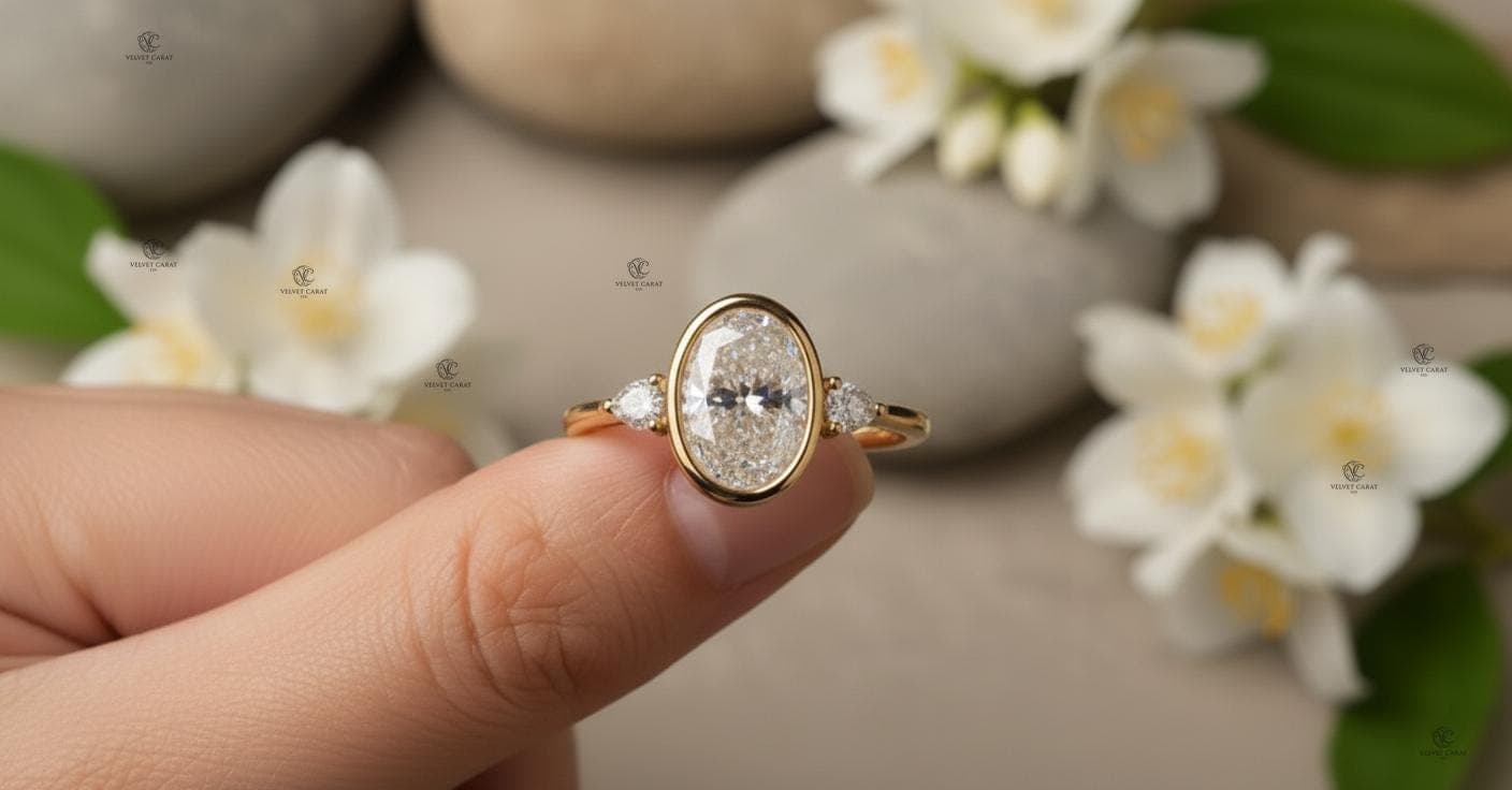 Oval Moissanite Bezel Engagement Ring in 14K Solid Gold