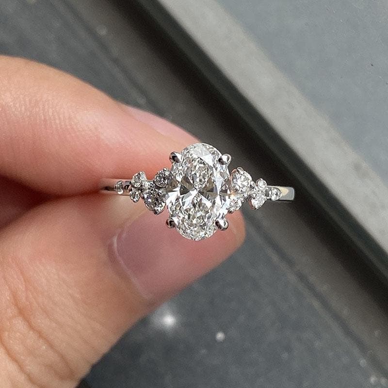 Oval Lab Grown Diamond Cluster Engagement Ring, 14K Solid Gold Oval Cut Ring, Asymmetrical Cluster Solitaire Ring, Bridal Jewelry Gift 3