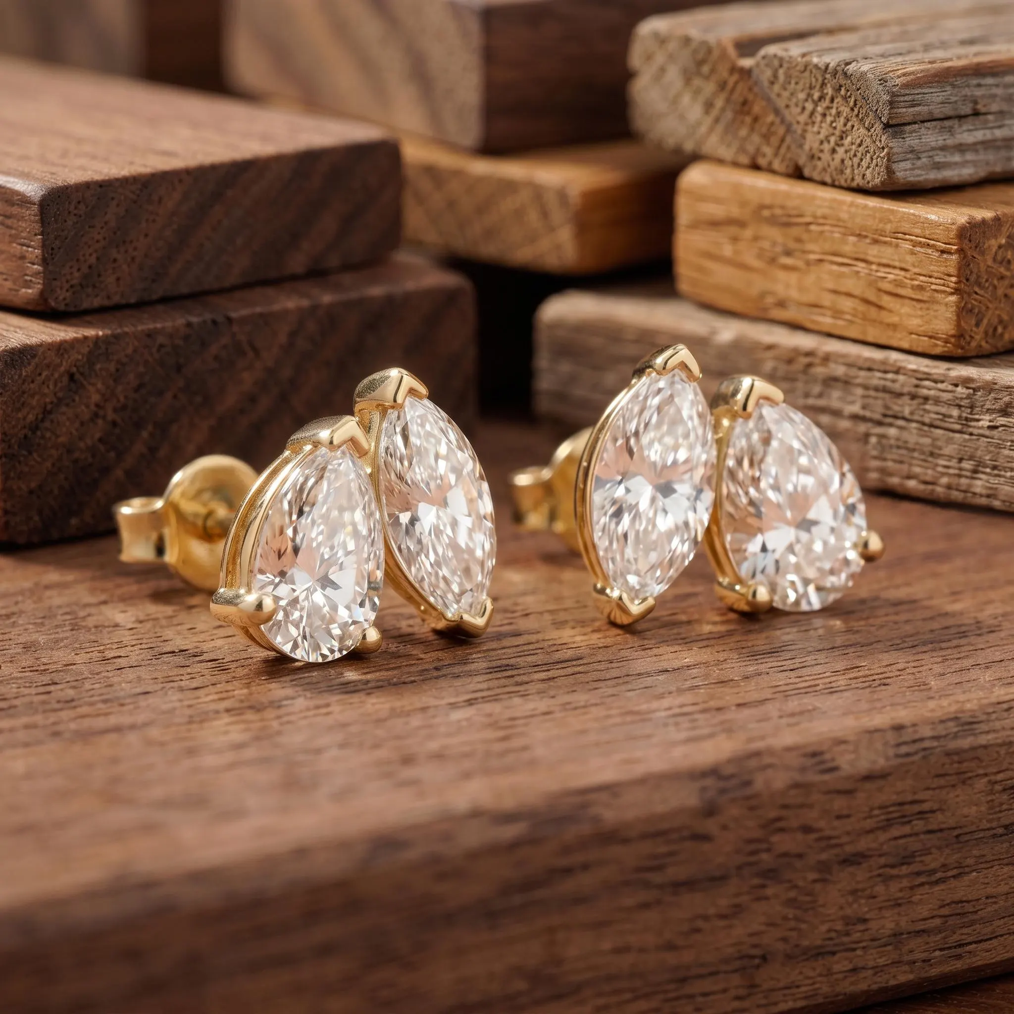 Pear & Marquise Lab-Grown Diamond Toi et Moi Stud Earrings in 14K Gold jewellery by VelvetCarat Co