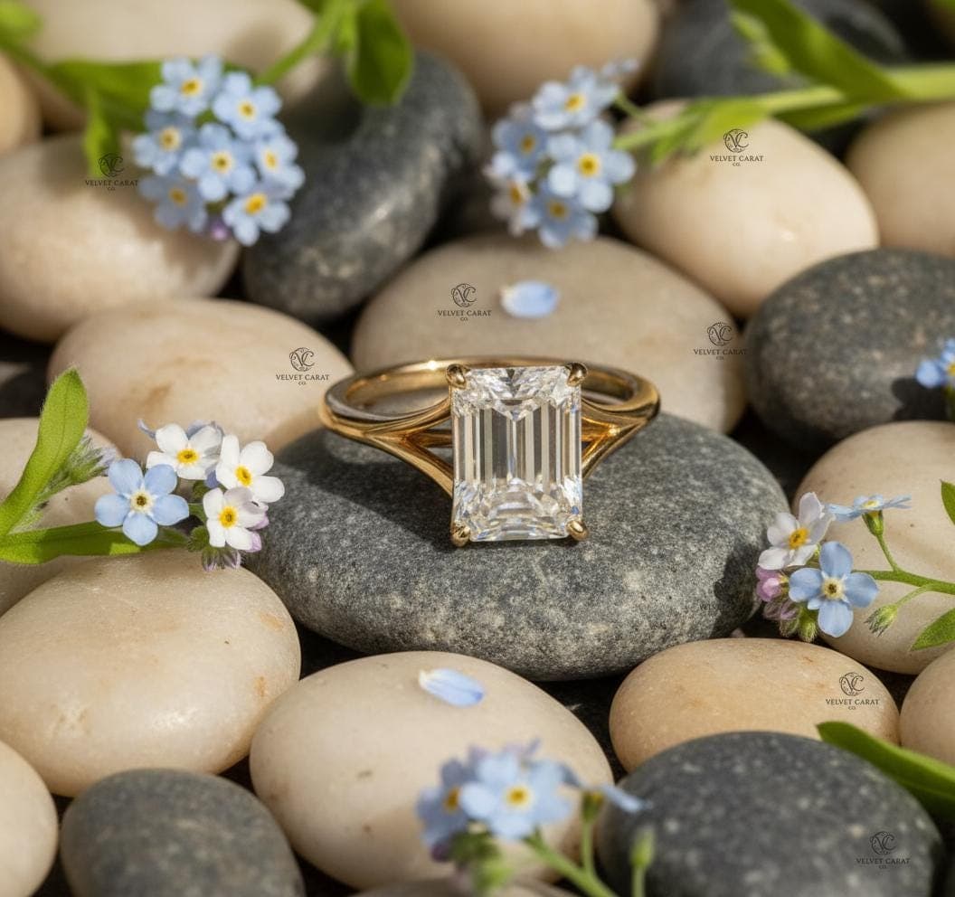 Emerald Cut Moissanite Engagement Ring, 14K Solid Gold Split Shank Ring, 4 Prong Solitaire, Elongated Moissanite Proposal Ring for Her