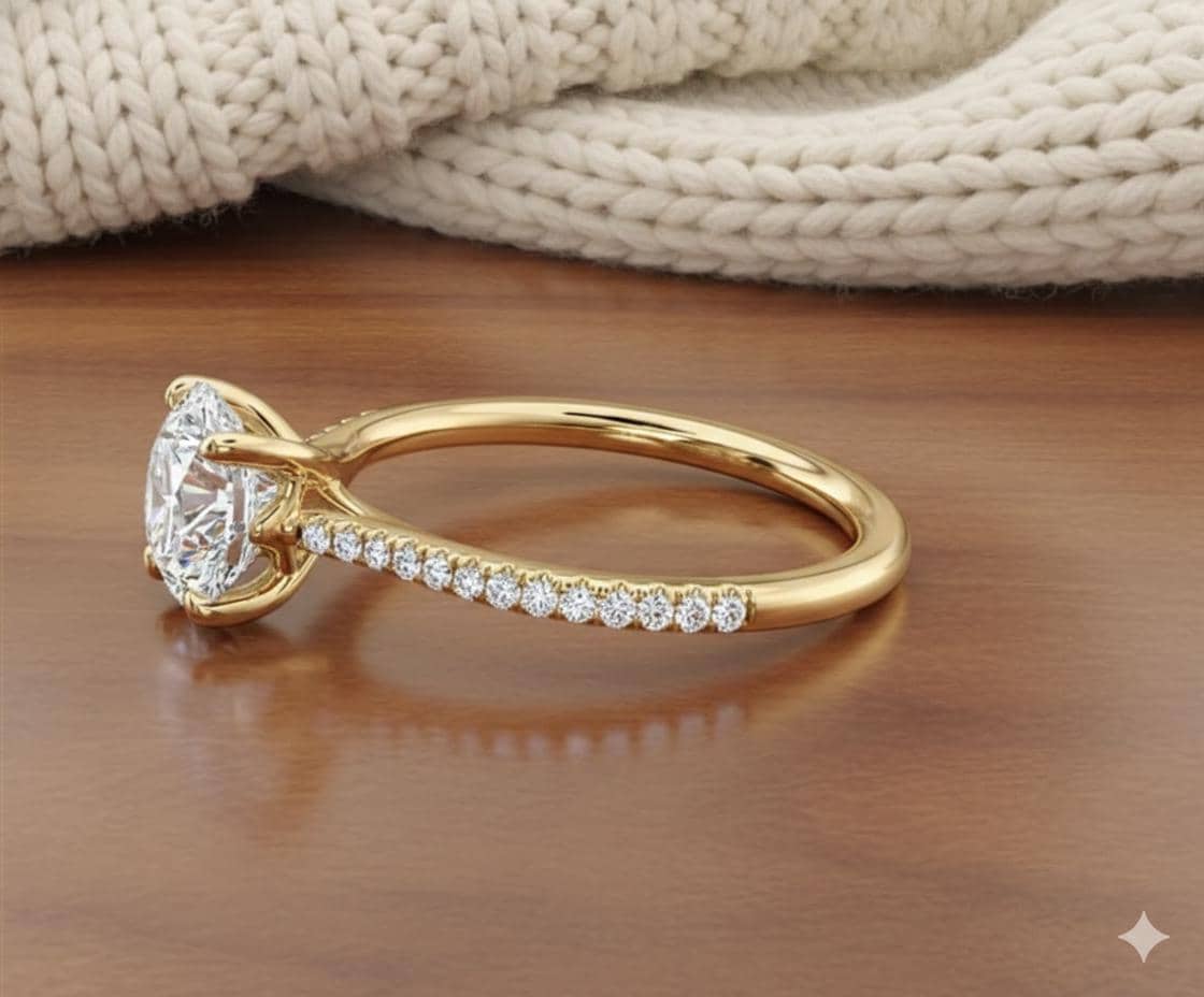 Round Cut Moissanite Engagement Ring, 14K Solid Yellow Gold Pavé Band, Dainty 4 Prong Solitaire Ring, Charming Bridal Wedding Jewelry Gift 8
