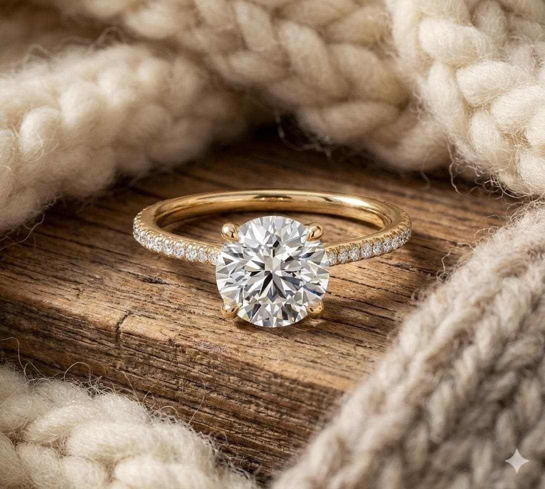 Round Cut Moissanite Engagement Ring, 14K Solid Yellow Gold Pavé Band, Dainty 4 Prong Solitaire Ring, Charming Bridal Wedding Jewelry Gift 3