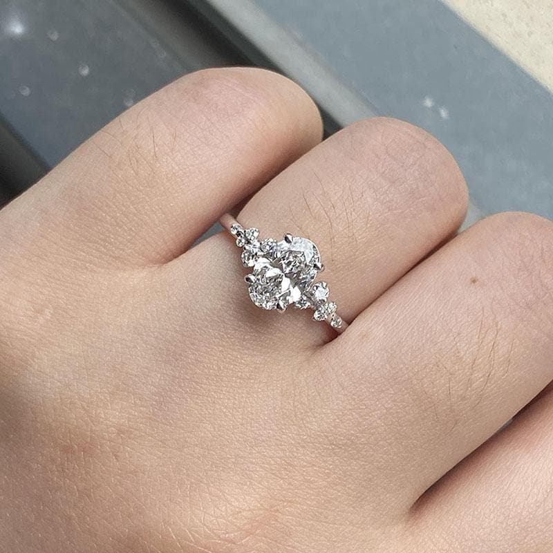 Oval Lab Grown Diamond Cluster Engagement Ring, 14K Solid Gold Oval Cut Ring, Asymmetrical Cluster Solitaire Ring, Bridal Jewelry Gift 11