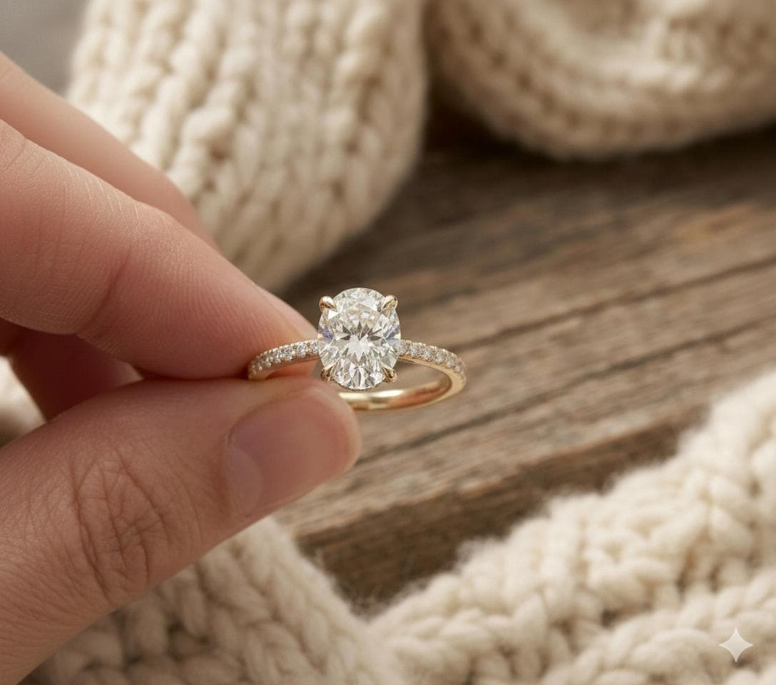 Round Cut Moissanite Engagement Ring, 14K Solid Yellow Gold Pavé Band, Dainty 4 Prong Solitaire Ring, Charming Bridal Wedding Jewelry Gift 1