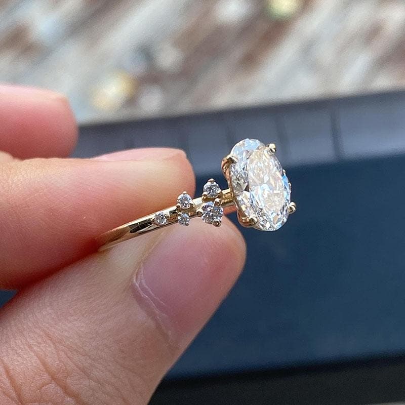 Oval Lab Grown Diamond Cluster Engagement Ring, 14K Solid Gold Oval Cut Ring, Asymmetrical Cluster Solitaire Ring, Bridal Jewelry Gift 12