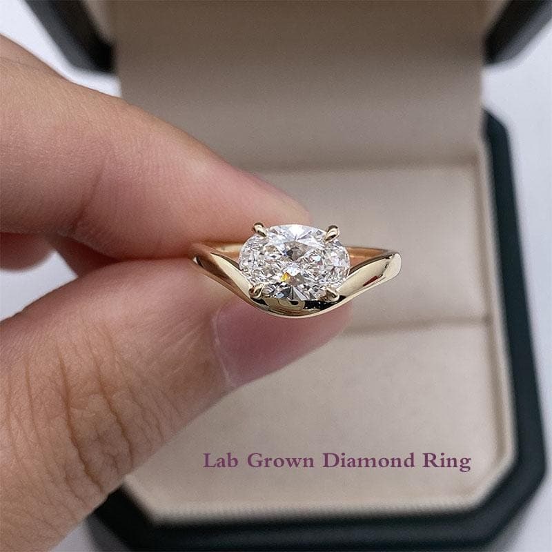 East West Oval Lab Diamond Engagement Ring, 14K Solid Yellow Gold Solitaire Ring, Curved Chevron Band Oval Band, Minimalist Bridal Gift 7