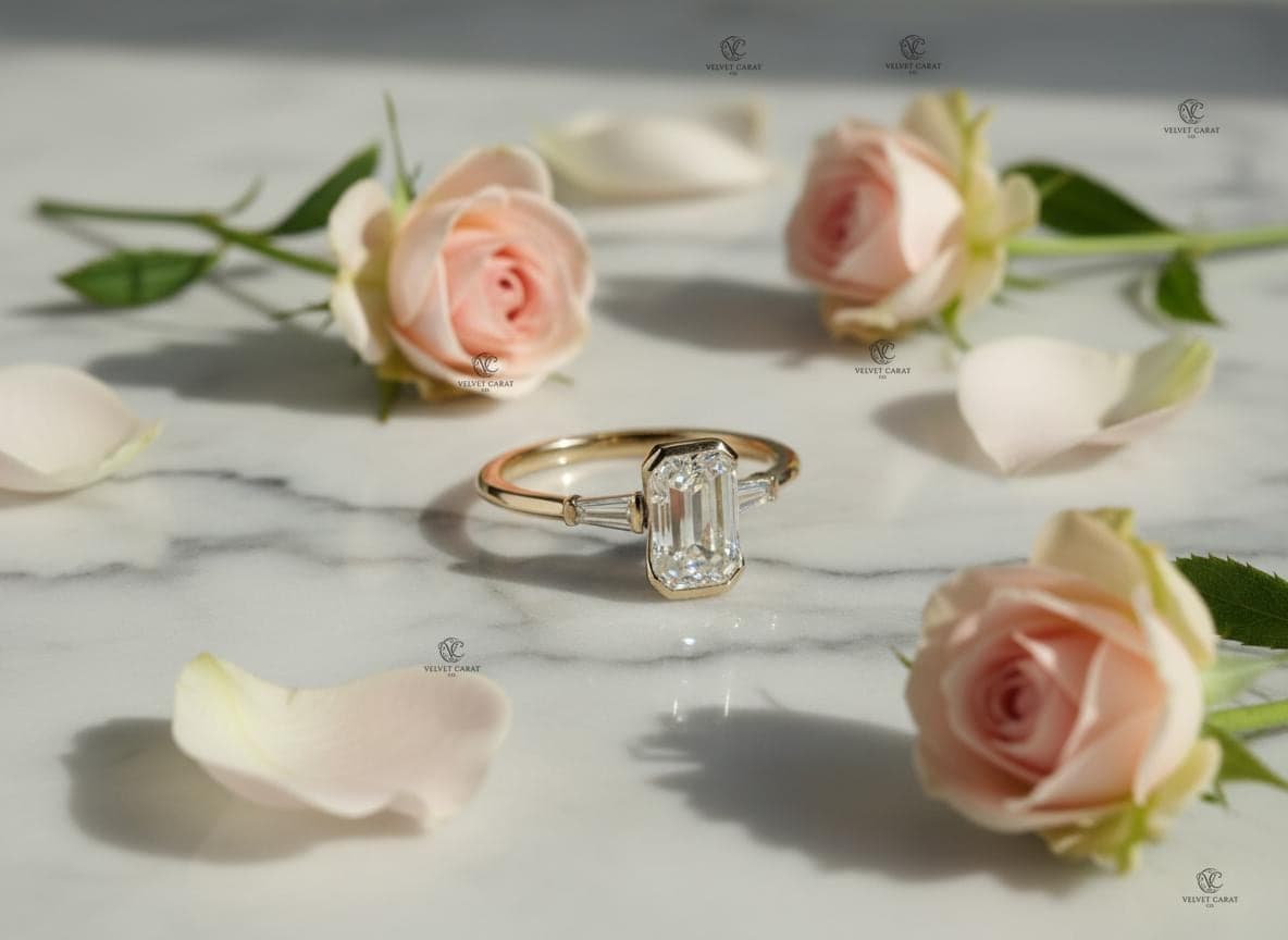 Emerald Moissanite Bezel Engagement Ring in 14K Solid Gold 13