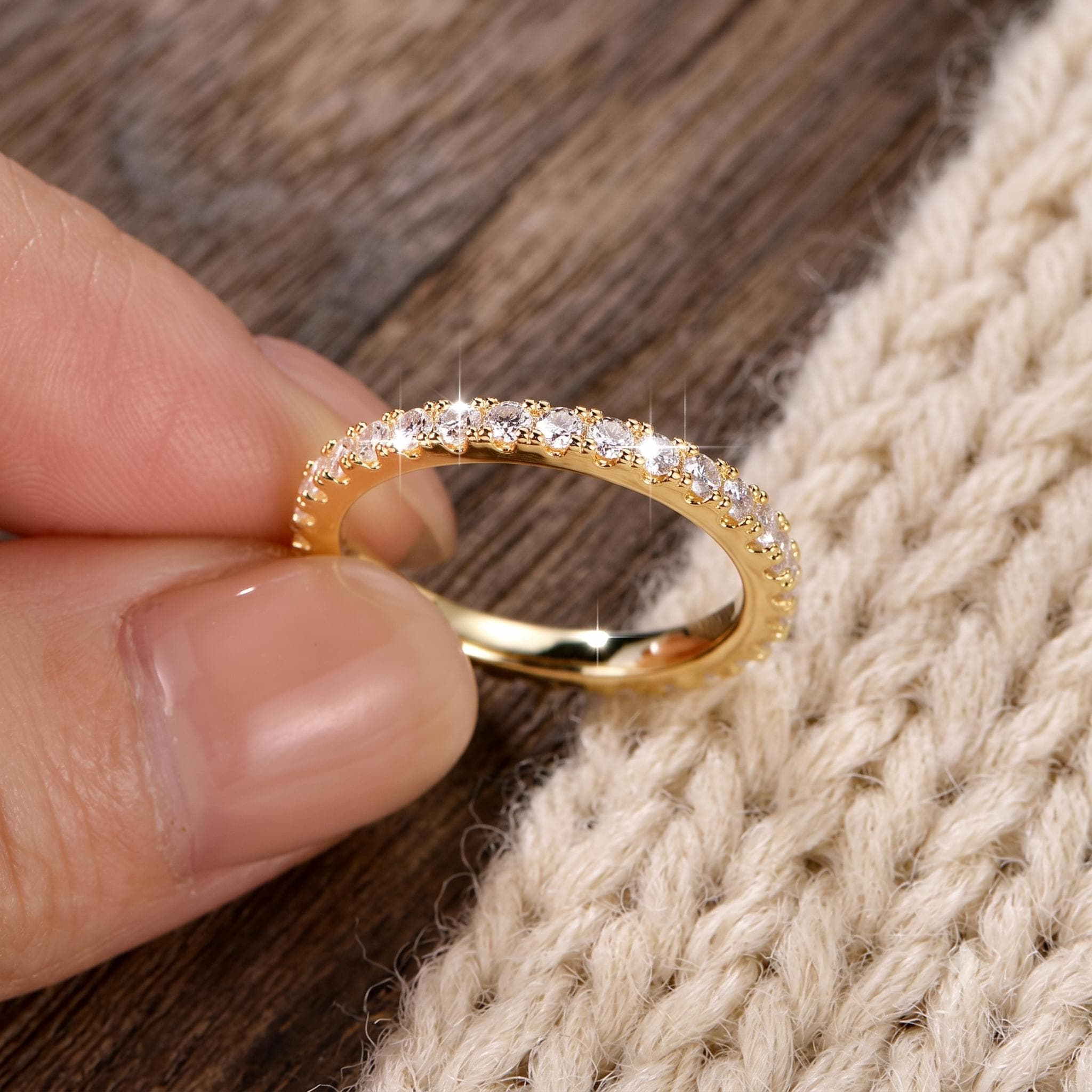 French Set Wedding Band Round Cut Lab Grown Diamond Eternity Band, 14K Solid Gold Pavรฉ Band, Stacking Promise Ring for Her 8