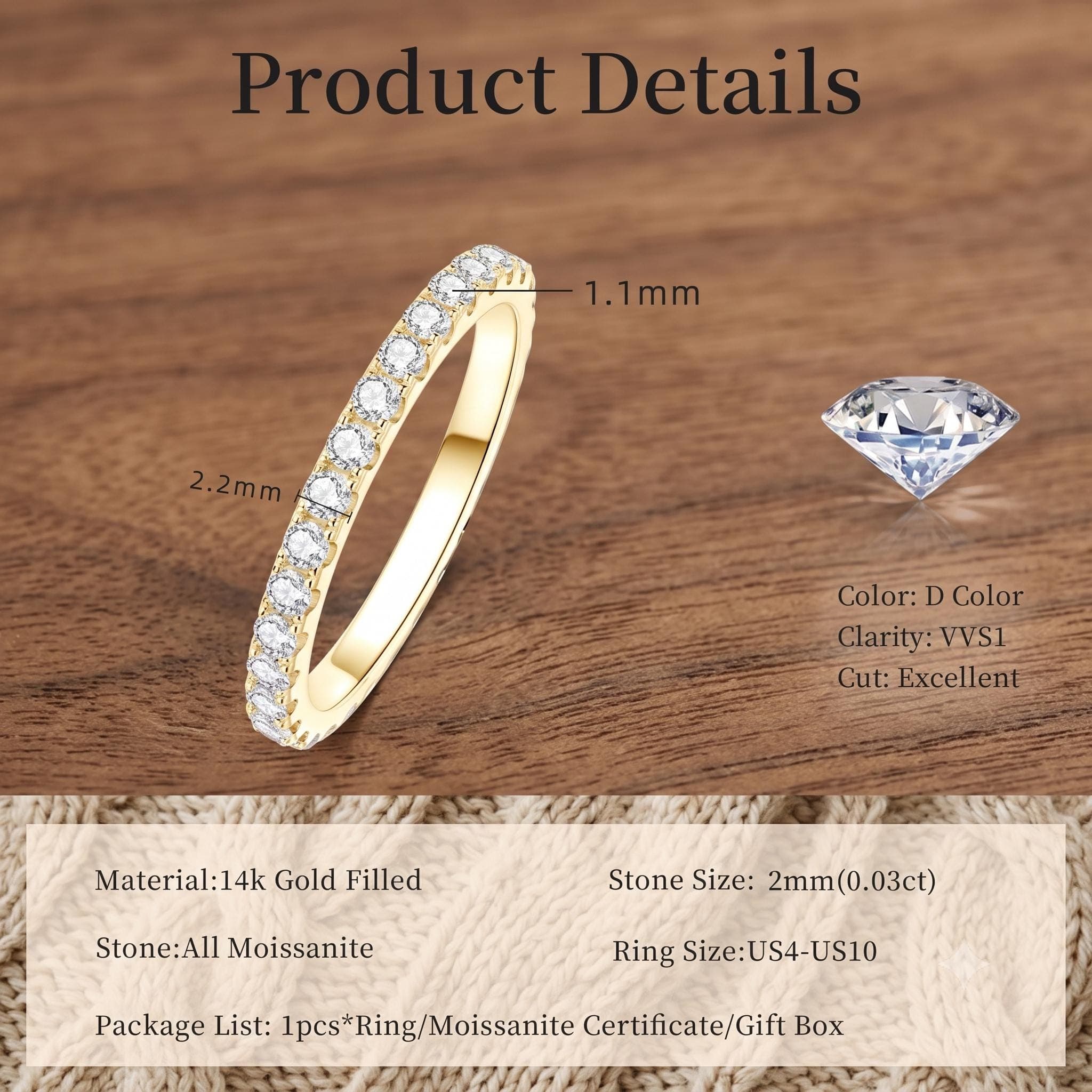French Set Wedding Band Round Cut Lab Grown Diamond Eternity Band, 14K Solid Gold Pavรฉ Band, Stacking Promise Ring for Her 3