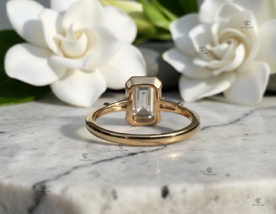 Emerald Moissanite Bezel Engagement Ring in 14K Solid Gold 11
