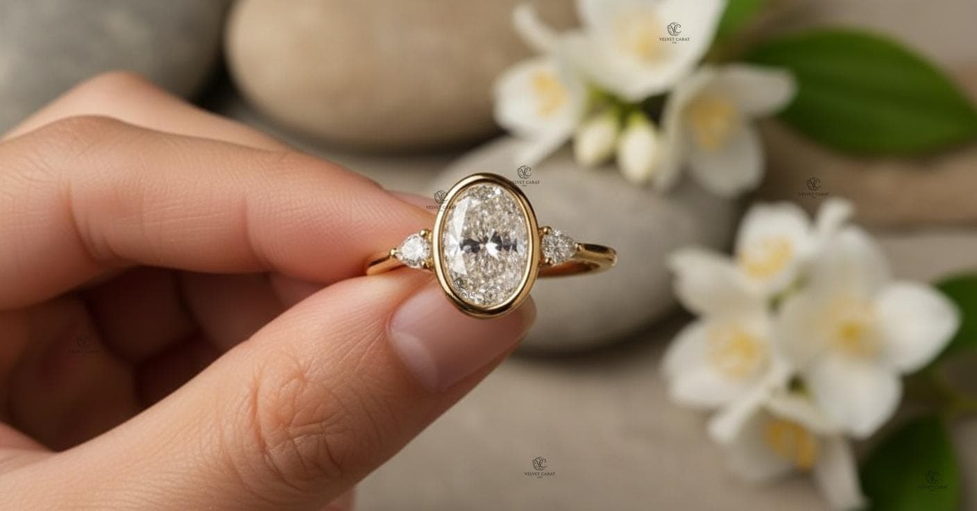 Oval Moissanite Bezel Engagement Ring in 14K Solid Gold 9