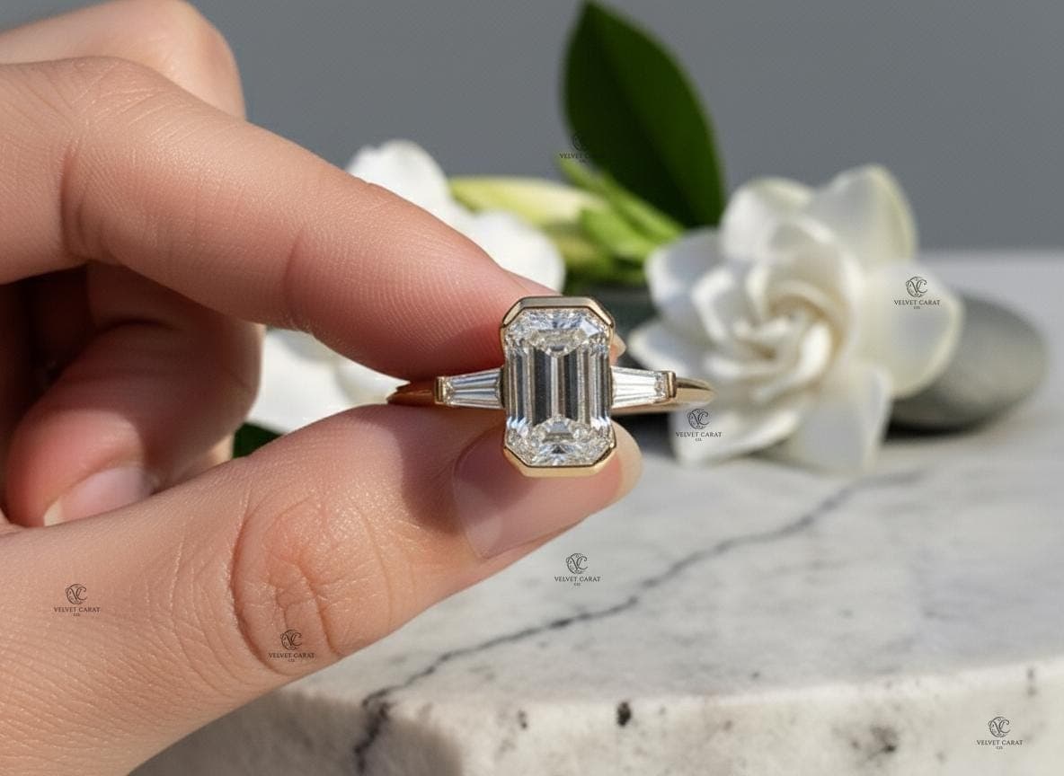 Emerald Moissanite Bezel Engagement Ring in 14K Solid Gold 8