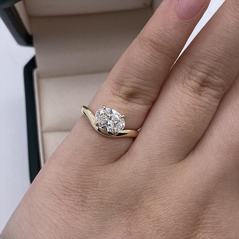 East West Oval Lab Diamond Engagement Ring, 14K Solid Yellow Gold Solitaire Ring, Curved Chevron Band Oval Band, Minimalist Bridal Gift 3
