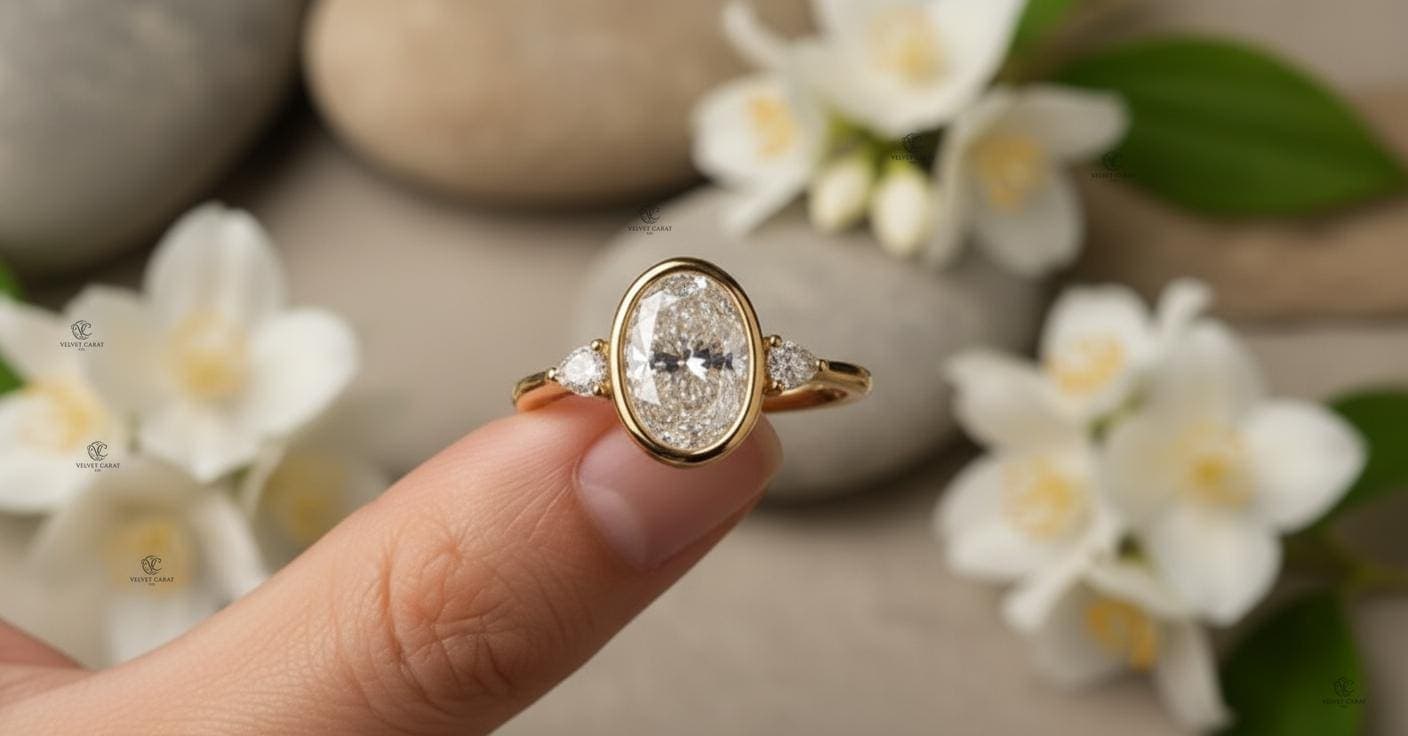 Oval Moissanite Bezel Engagement Ring in 14K Solid Gold 4