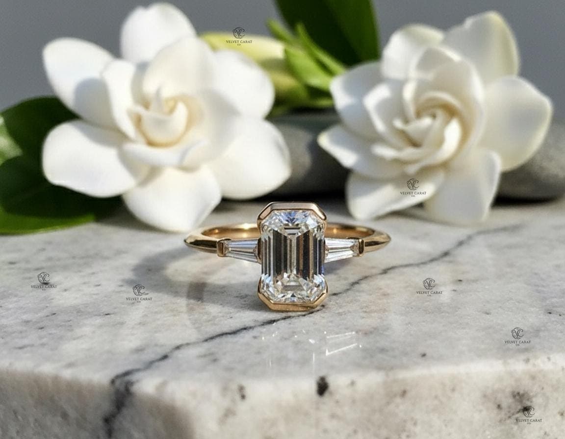 Emerald Moissanite Bezel Engagement Ring in 14K Solid Gold 10