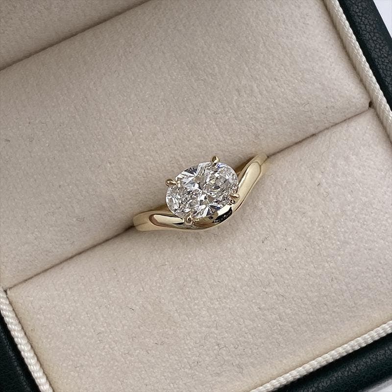 East West Oval Lab Diamond Engagement Ring, 14K Solid Yellow Gold Solitaire Ring, Curved Chevron Band Oval Band, Minimalist Bridal Gift 9