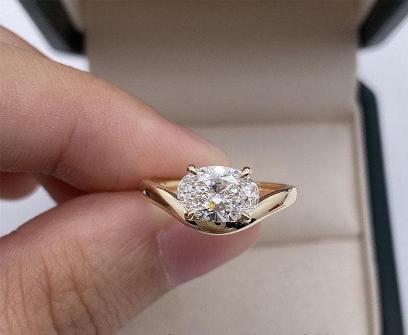 East West Oval Lab Diamond Engagement Ring, 14K Solid Yellow Gold Solitaire Ring, Curved Chevron Band Oval Band, Minimalist Bridal Gift 1