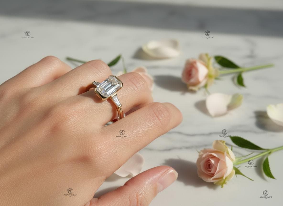 Emerald Moissanite Bezel Engagement Ring in 14K Solid Gold 7