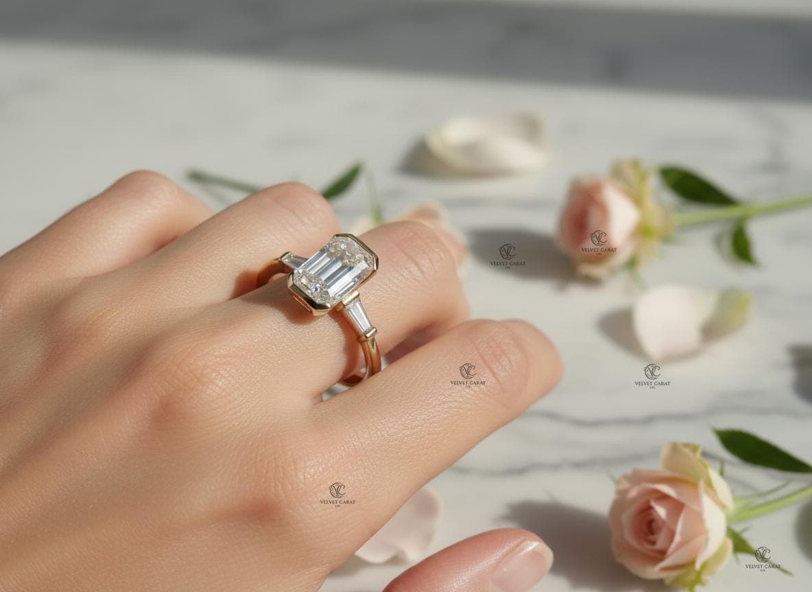 Emerald Moissanite Bezel Engagement Ring in 14K Solid Gold 3